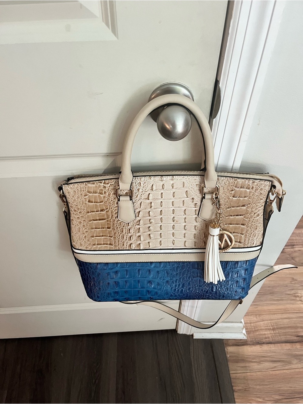 Croc-Embossed Two-Tone Satchel Shoulder Bag in Cream and Blue